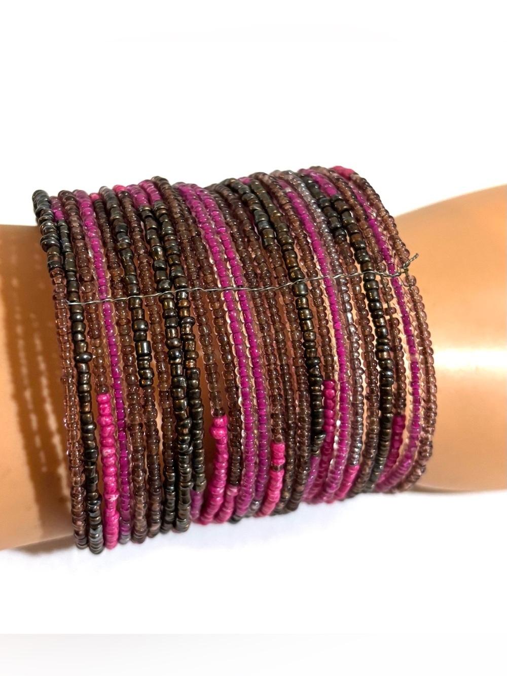 Fashion Jewelry Pink and Brown Seed Bead Multi-Row Wrap Bracelet